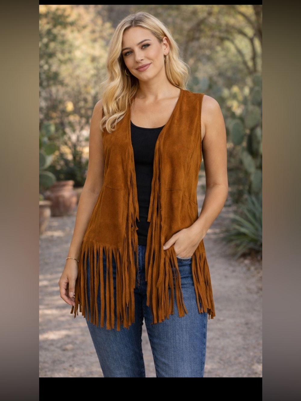 Rust Brown Faux Suede Fringe Vest Western Boho Open Front M
